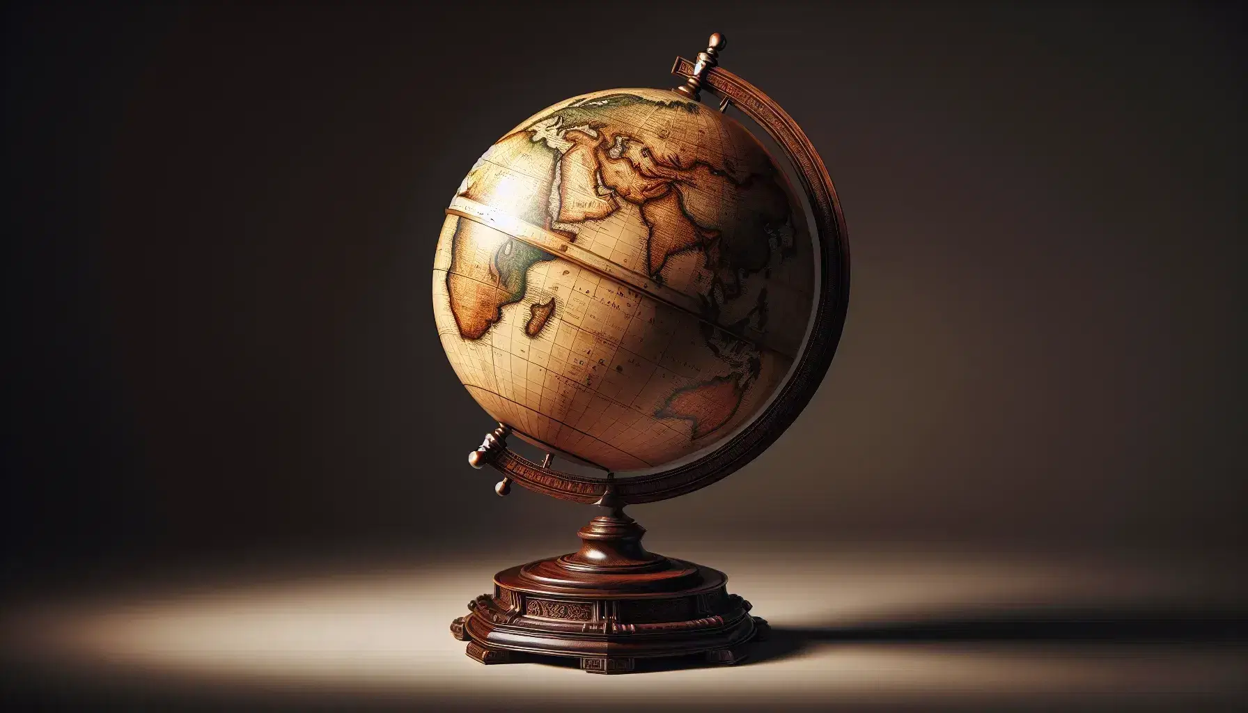 Mappamondo antico su supporto in legno scuro con intagli, rilievi topografici visibili e colori caldi che suggeriscono terre e mari.