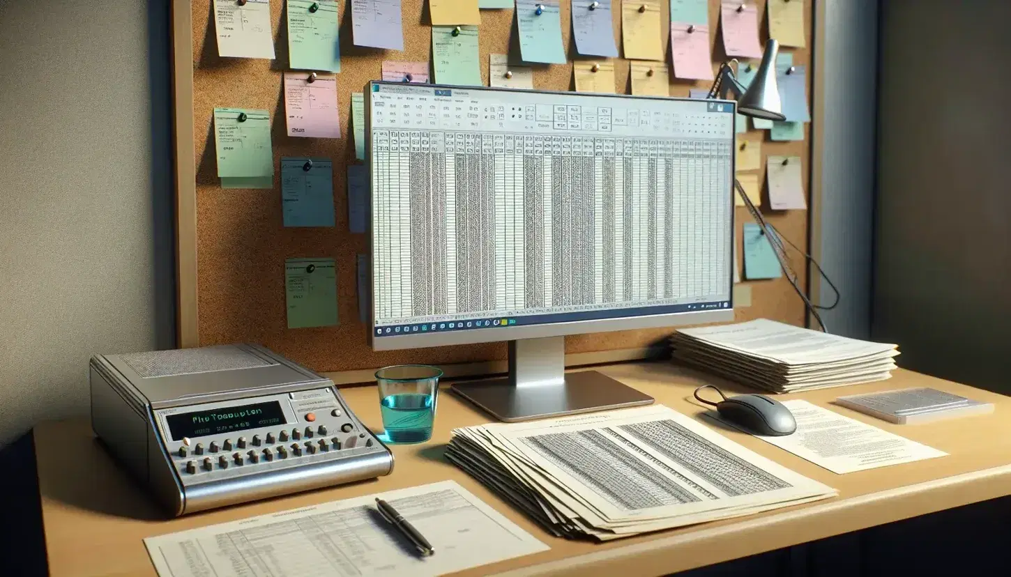 Researcher's desk with computer showing data spreadsheet, neatly stacked questionnaires, color-coded index cards on bulletin board, and digital voice recorder.