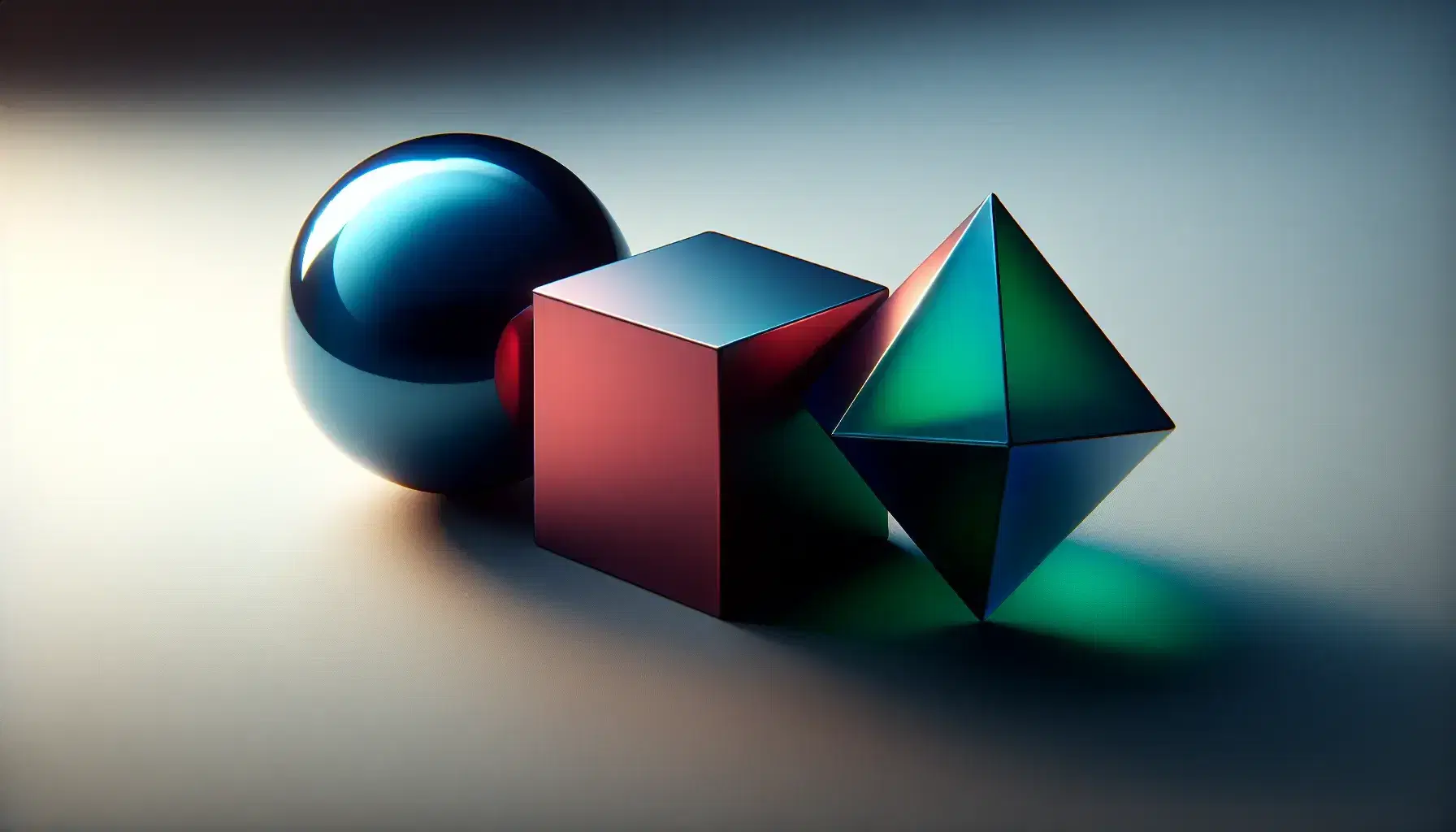 Three geometric shapes on a matte surface: a reflective blue sphere, a matte red cube, and a glossy green tetrahedron with soft shadows.