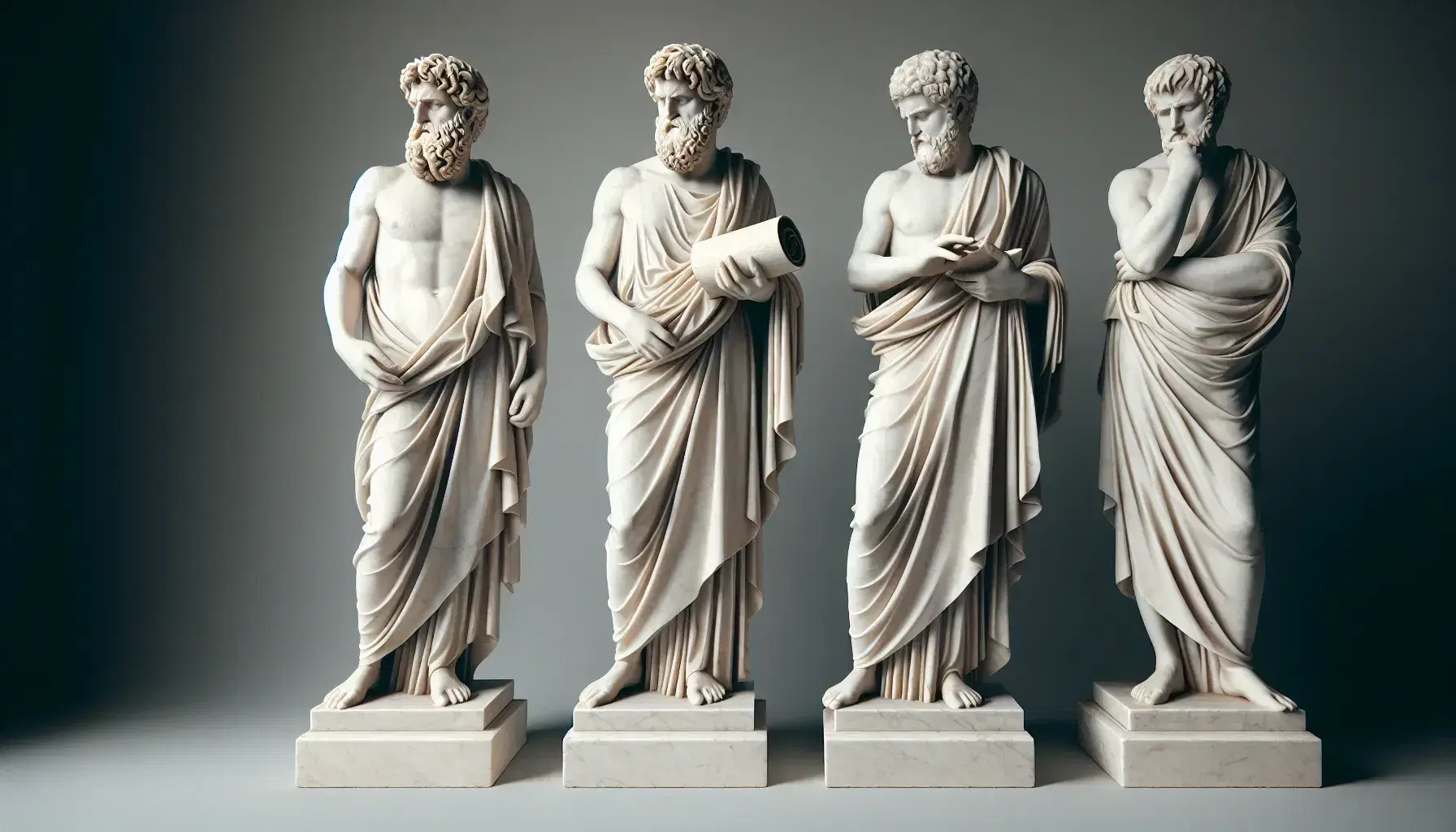Esculturas de mármol blanco de filósofos griegos con cielo azul de fondo, mostrando posturas de enseñanza y reflexión, iluminadas por luz solar.
