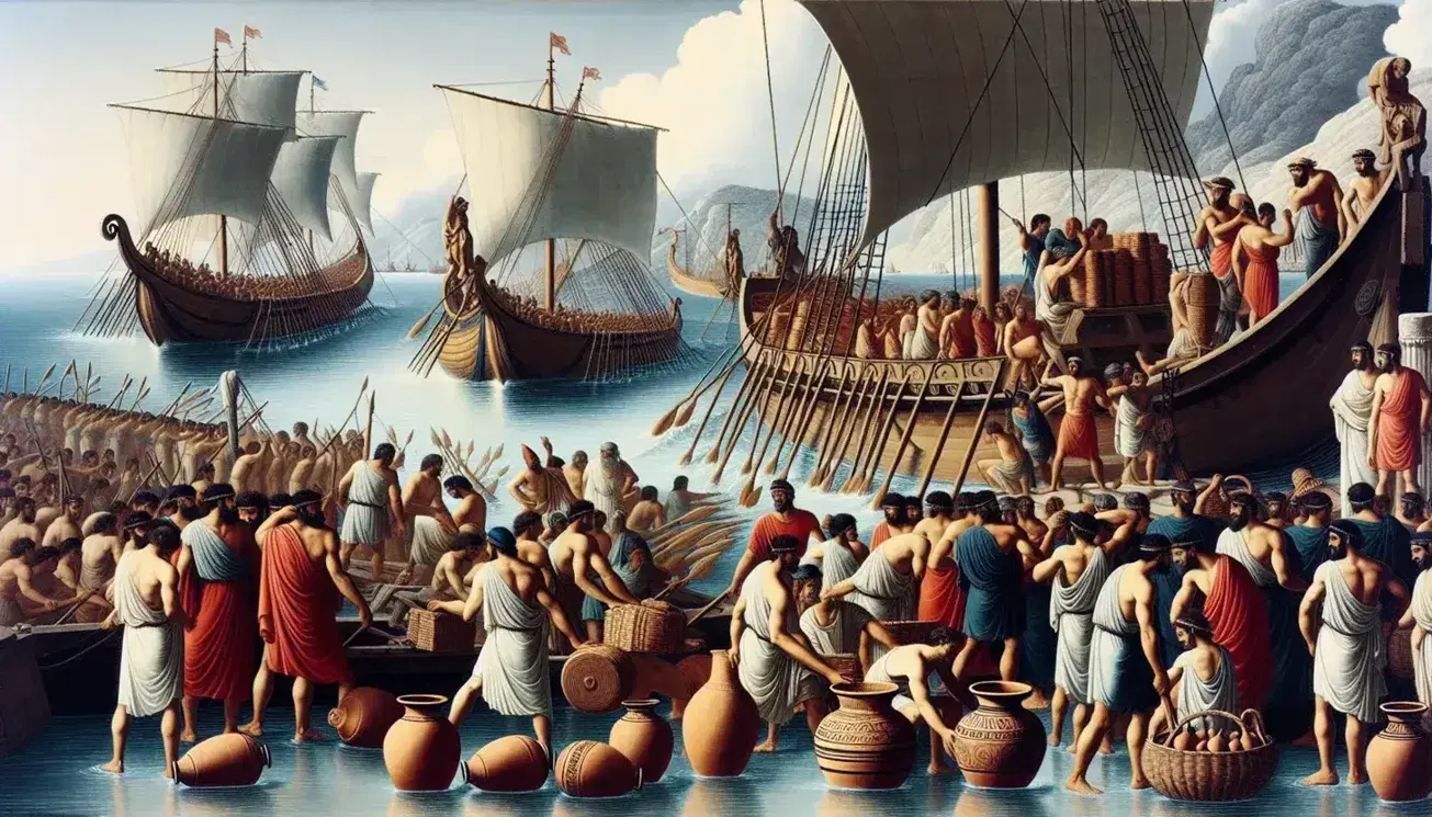 Scena di porto greco antico con uomini e donne che caricano anfore su trireme, vele alzate, mare azzurro e tempio dorico in lontananza.