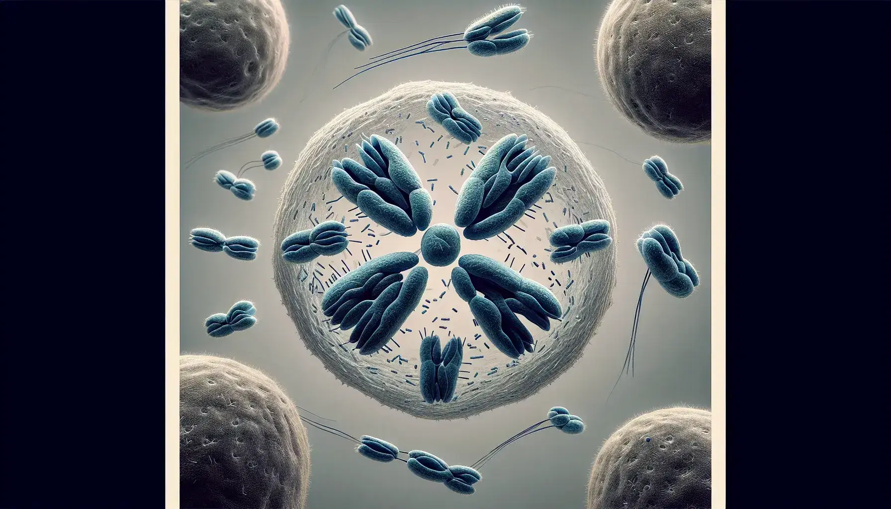Células en distintas fases de división celular bajo microscopio, con cromosomas visibles y etapas de metafase, anafase, telofase y células en interfase post-citocinesis.