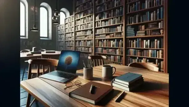 Biblioteca acogedora con estanterías de madera oscura llenas de libros, mesa con portátil abierto, cuaderno, pluma y taza de café, junto a planta verde.