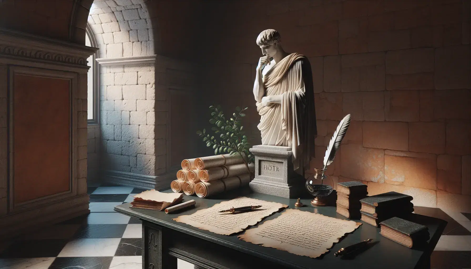 Statua marmorea di Virgilio in toga pensieroso in biblioteca romana antica con pergamene, calamaio e penna su tavolo in legno, finestra ad arco e pavimento a scacchi.