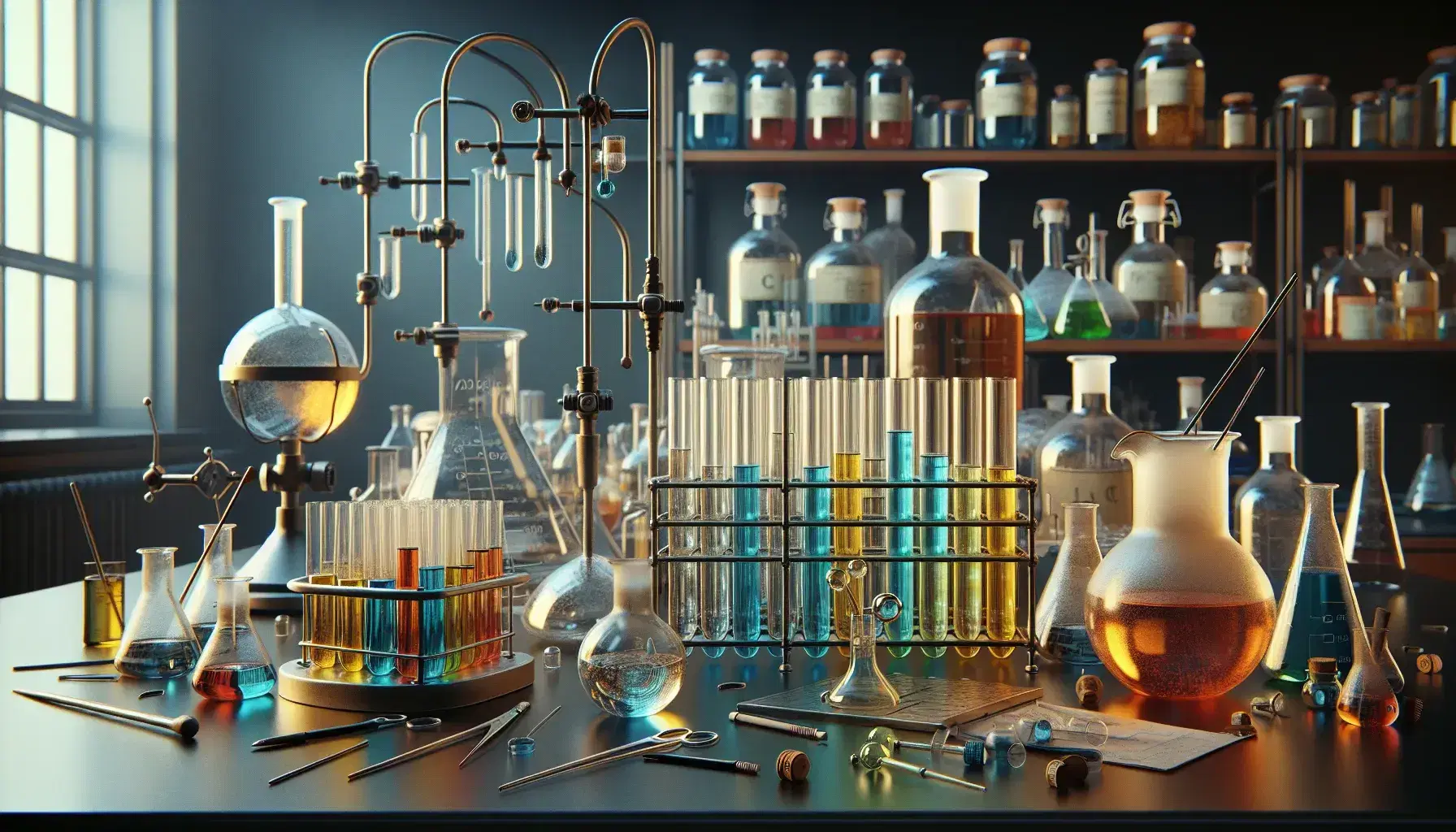 Laboratorio de química con tubos de ensayo de colores, matraz Erlenmeyer, quemador Bunsen encendido y estantes con frascos al fondo.