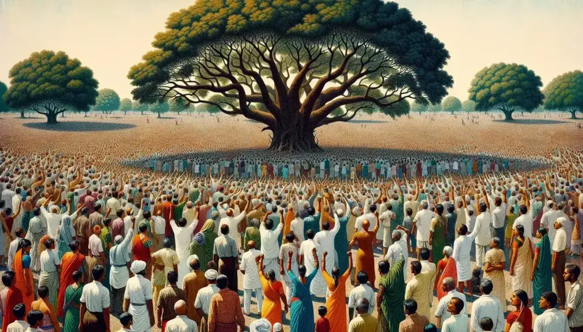Diverse crowd with raised fists in a public square, clad in colorful Indian and Western attire, under a large tree with colonial buildings in the background.