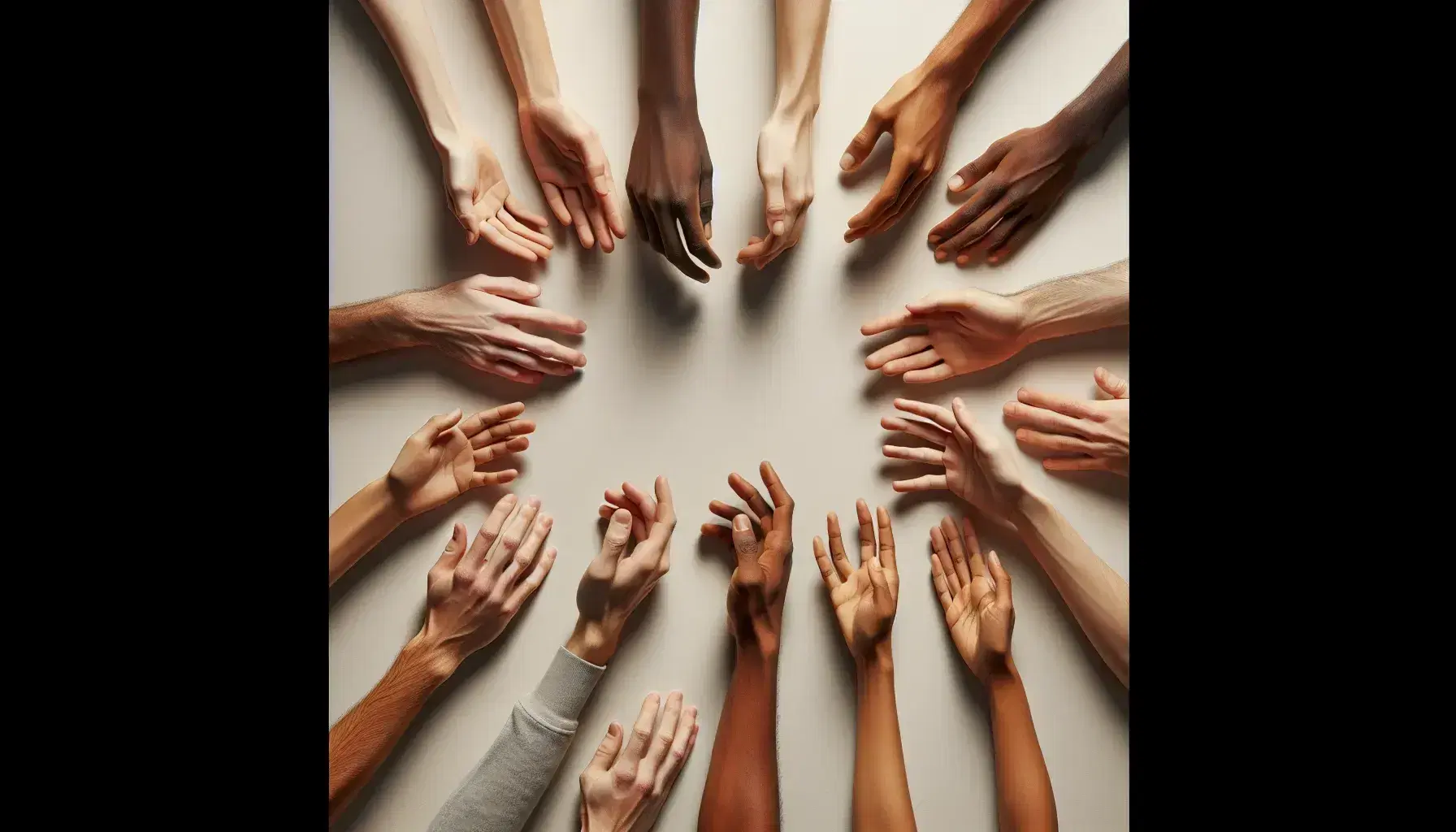 Diverse hands reaching towards each other against a light background, symbolizing unity and cooperation without any accessories or marks.