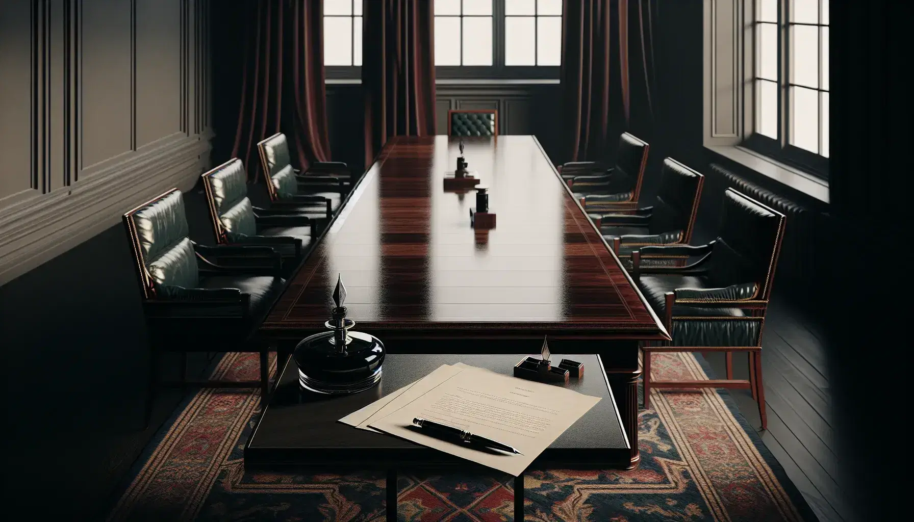 Elegant meeting room with polished mahogany table, black fountain pen, inkwell, cream papers, green leather chairs, red velvet curtain, and ornate rug.