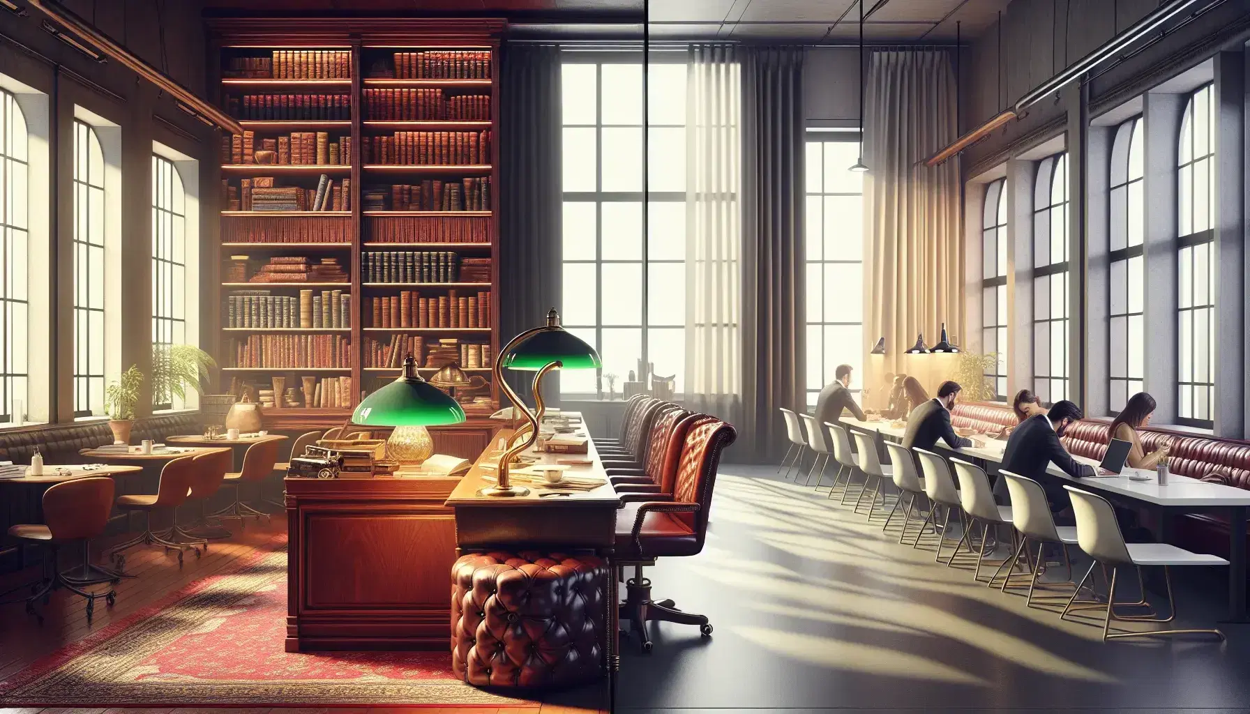 Contrasting vintage study and modern coffee shop with a figure transitioning between, highlighting detailed textures and warm to cool color shifts.