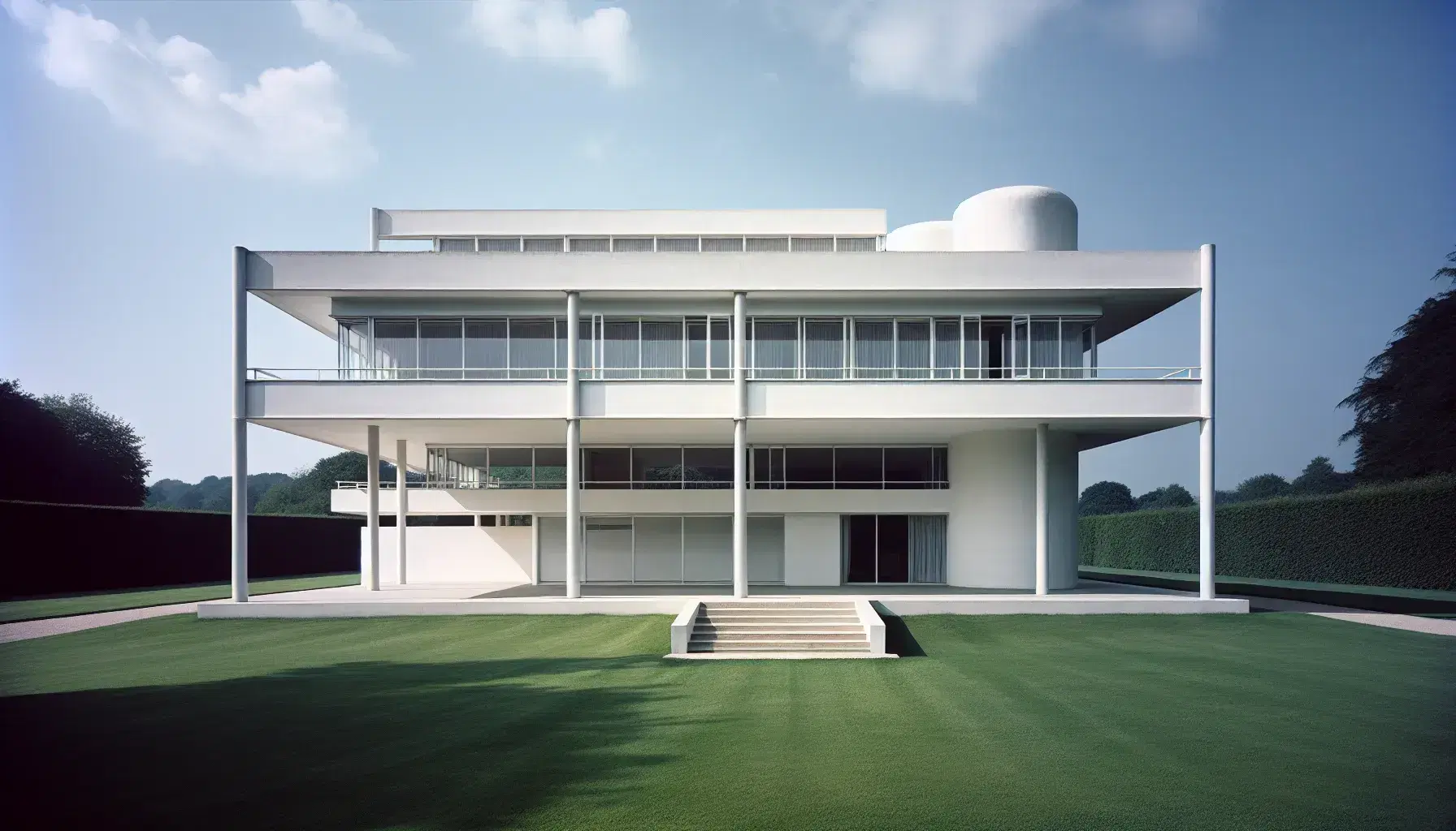 Villa Savoye di Le Corbusier, edificio bianco su pilotis con grandi finestre orizzontali, rampa curva e terrazza sul tetto, in un giorno sereno.