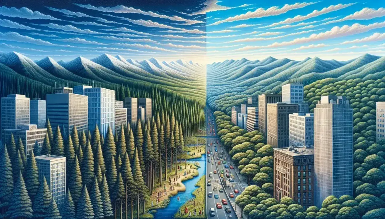 Paesaggio naturale con montagne innevate e foresta attraversata da fiume si fonde con città moderna e antica, persone interagiscono al confine.