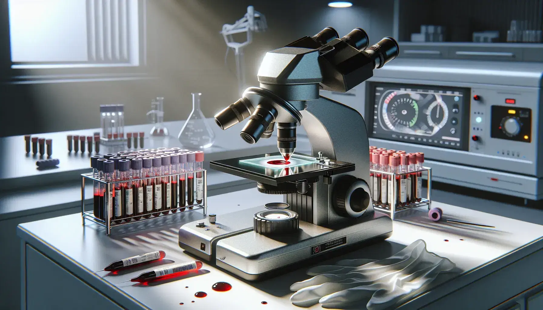 Microscopio ottico su banco di laboratorio con vetrino e goccia di sangue, provette sigillate e centrifuga in ambiente professionale.
