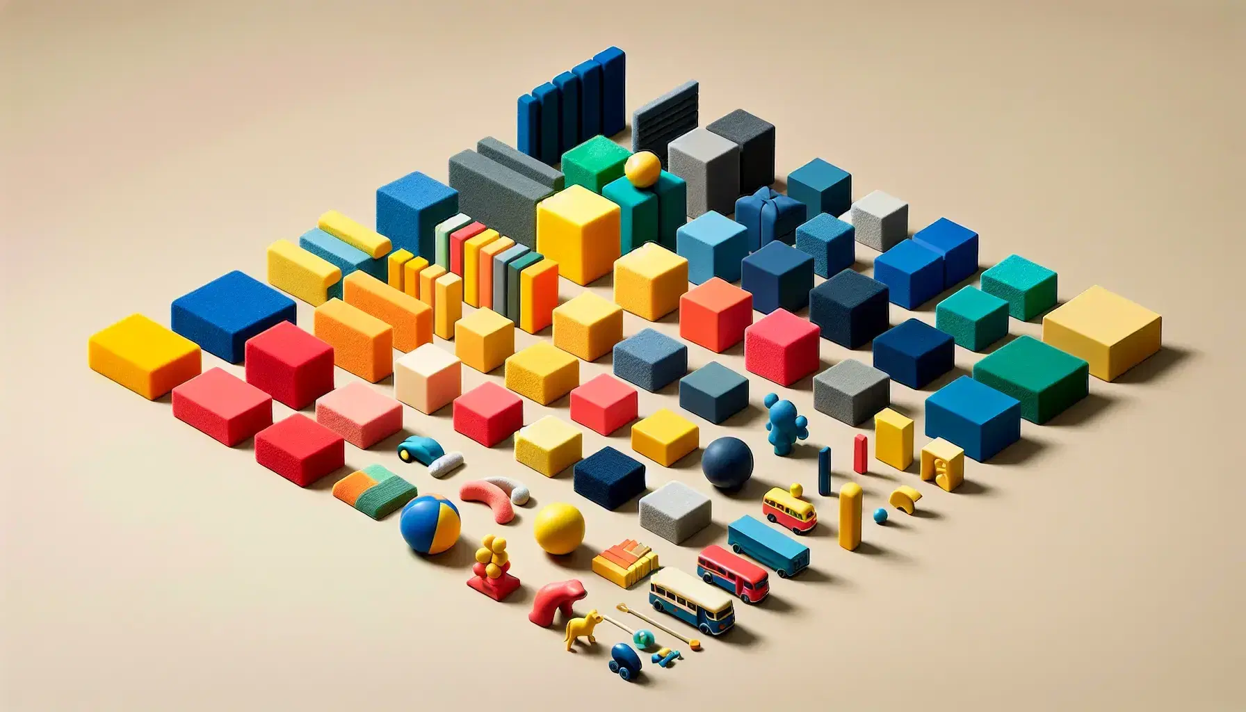 Calendario visual con bloques de colores y formas geométricas, acompañado de figuras tridimensionales como un balón y un coche de juguete.
