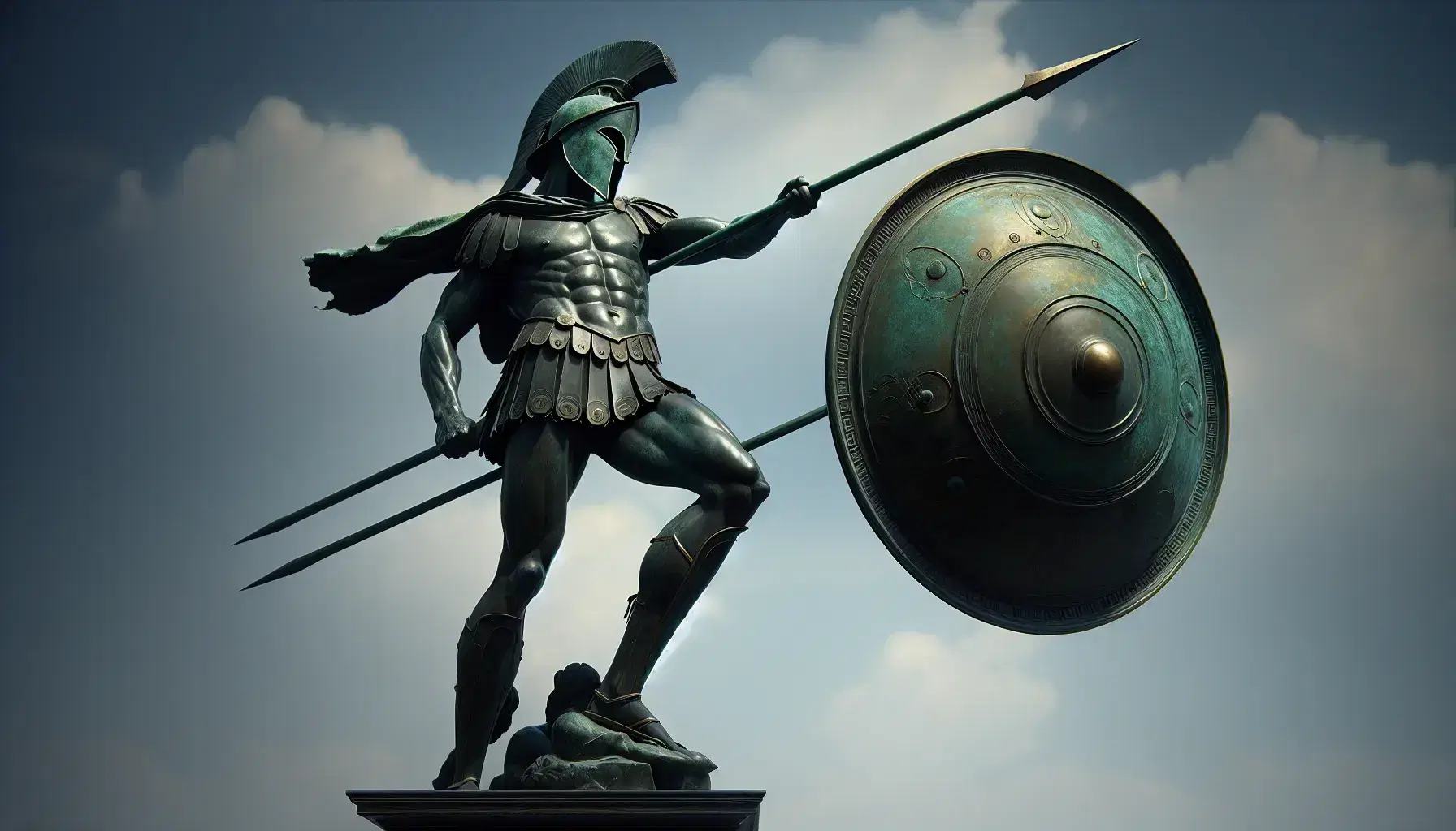 Escultura de bronce de guerrero griego con lanza y escudo, casco corintio y armadura detallada, bajo cielo azul.