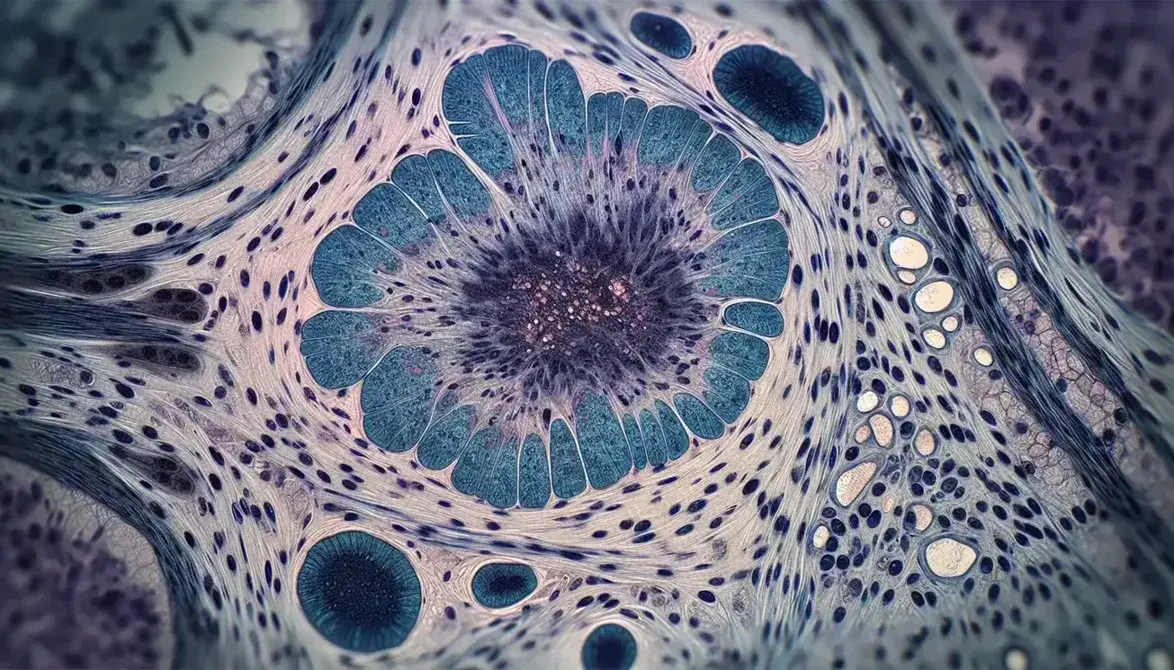 Vista microscópica de tejido epitelial con células definidas, núcleo oscuro central y citoplasma claro, rodeadas de estructuras filamentosas difusas.