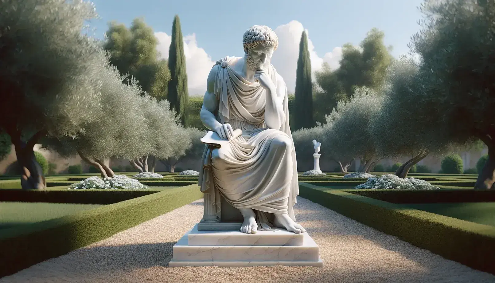 Statua marmorea di Seneca seduto con toga e pergamena in un giardino classico con alberi di ulivo, cipressi e fontana sotto un cielo azzurro.
