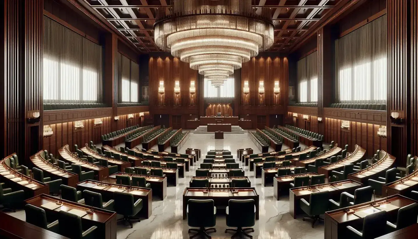 Aula parlamentare vuota con scrivanie in legno scuro disposte a semicerchio, podio centrale e lampadario di cristallo.