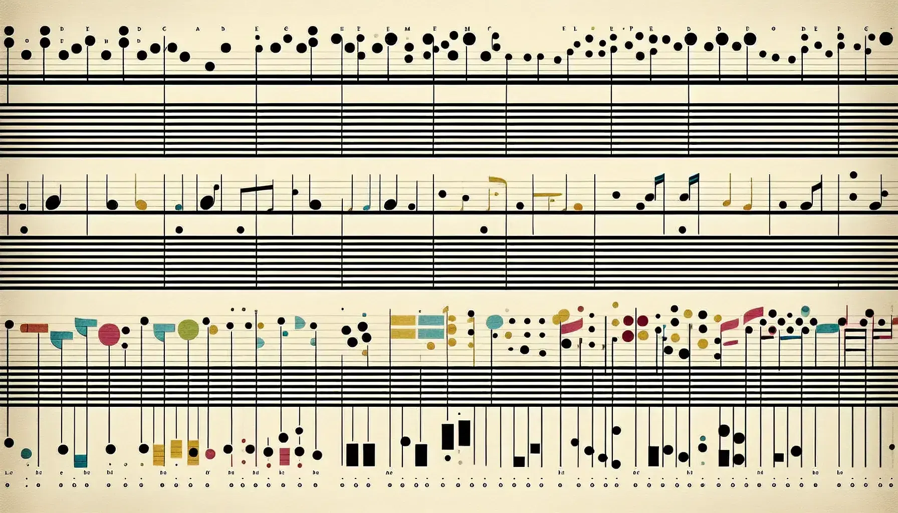 Pentagrammi vuoti su sfondo chiaro con figure geometriche colorate fluttuanti e strumenti musicali classici nell'angolo in basso a destra.