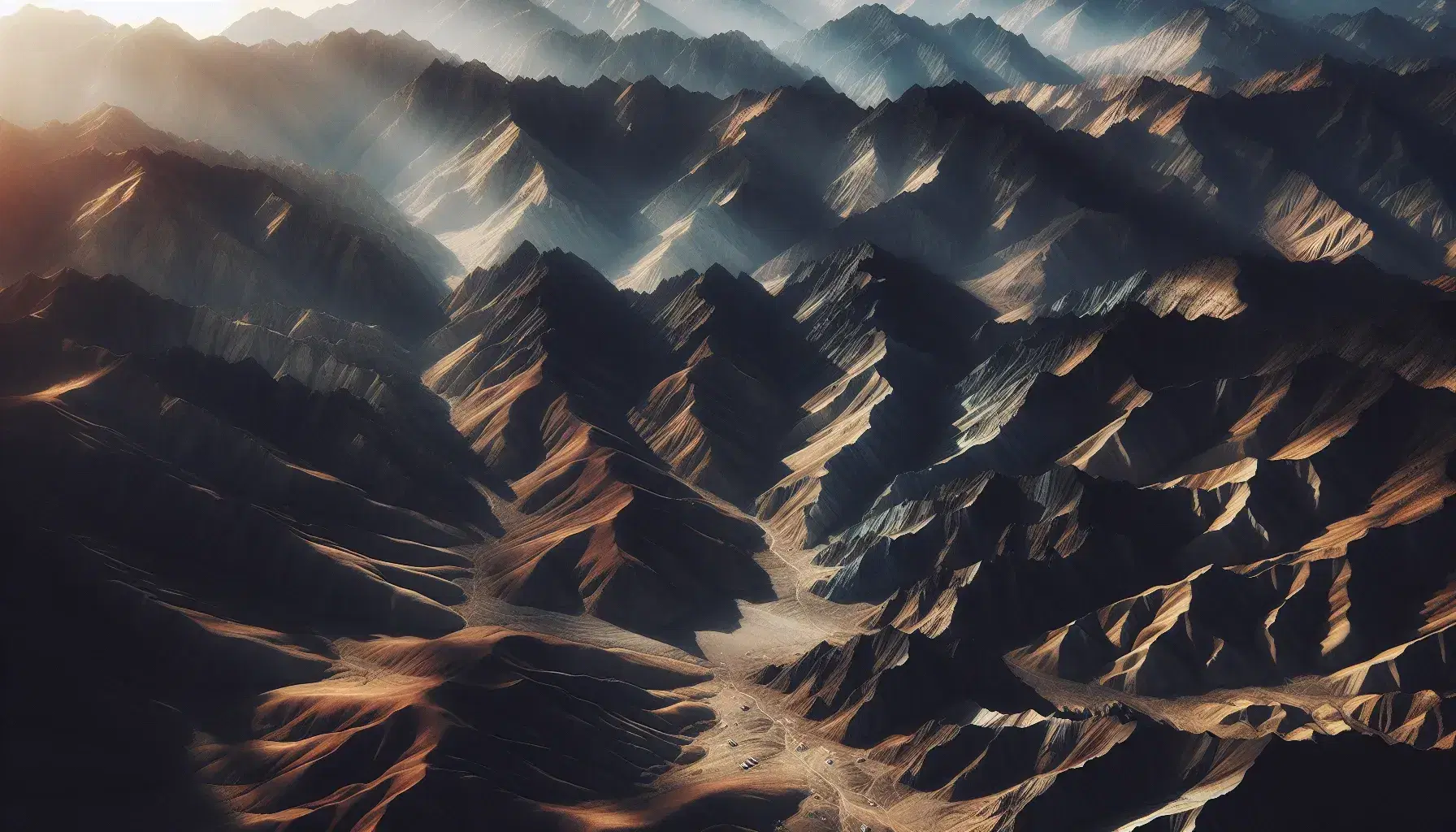 Vista aérea de una cadena montañosa con picos irregulares y valles profundos, mostrando capas geológicas y vegetación en tonos verdes y marrones.