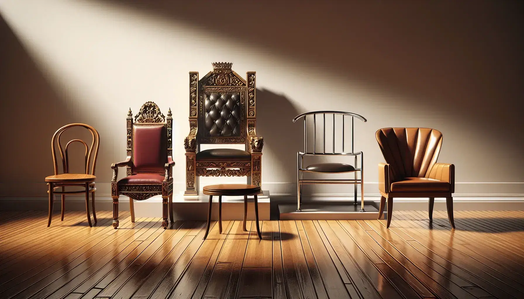 Four unique chairs in semicircle on polished wooden floor: golden throne with red velvet, minimalist metal chair, luxurious leather armchair and simple wooden chair.
