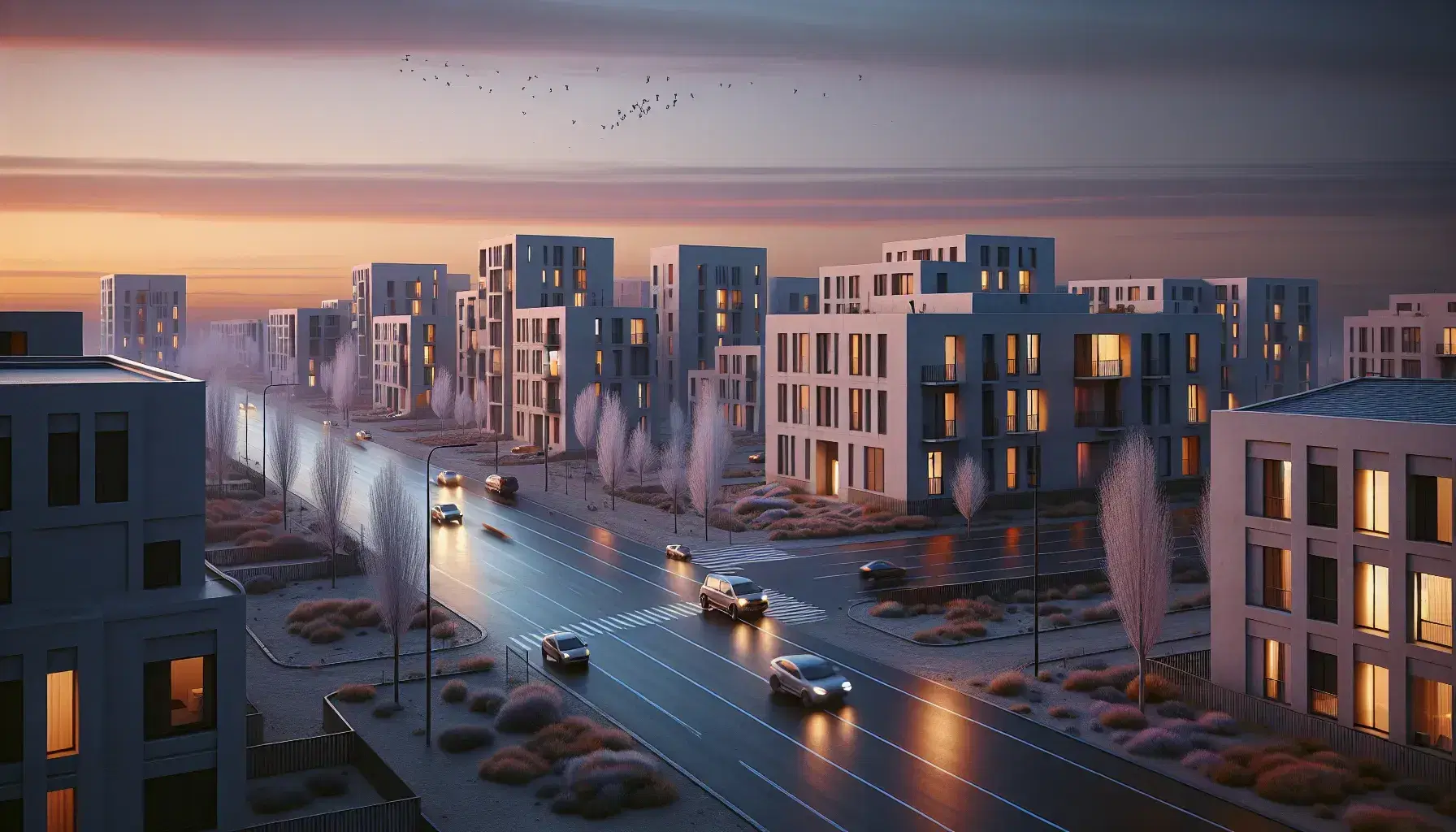 Paesaggio urbano al crepuscolo con strada asfaltata, edifici semplici illuminati, auto parcheggiate e cielo colorato senza persone.