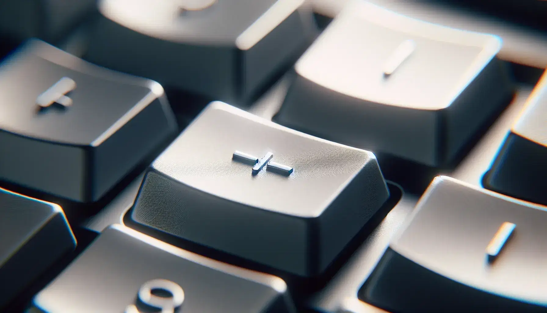 Close-up view of a hyphen key in sharp focus on a light gray English keyboard, with surrounding keys blurred by shallow depth of field.