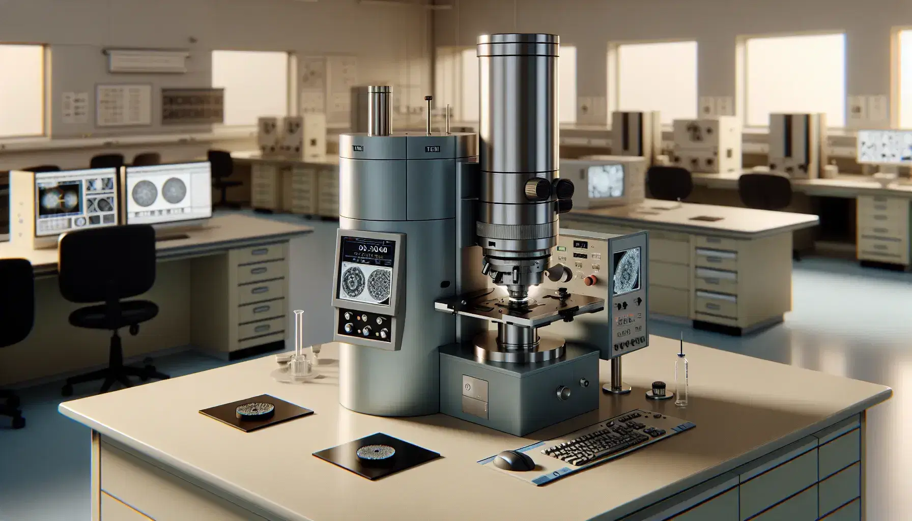 Microscopio elettronico a trasmissione grigio metallico su tavolo da laboratorio con campioni preparati, in ambiente di ricerca asettico e illuminato.