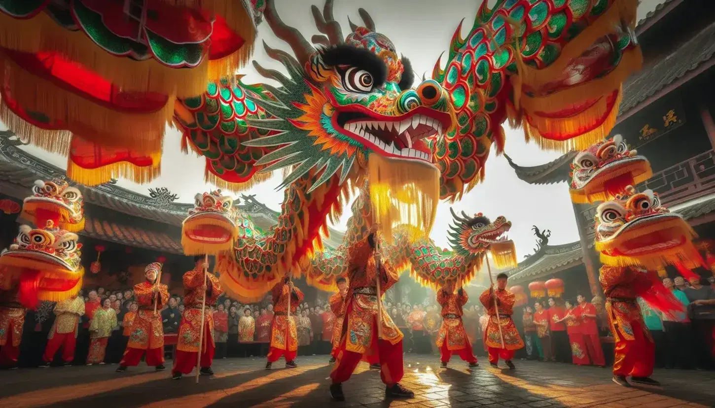 Traditional Chinese dragon dance with performers in red and gold costumes, holding a vibrant dragon under a clear blue sky, with an enthralled audience in the background.
