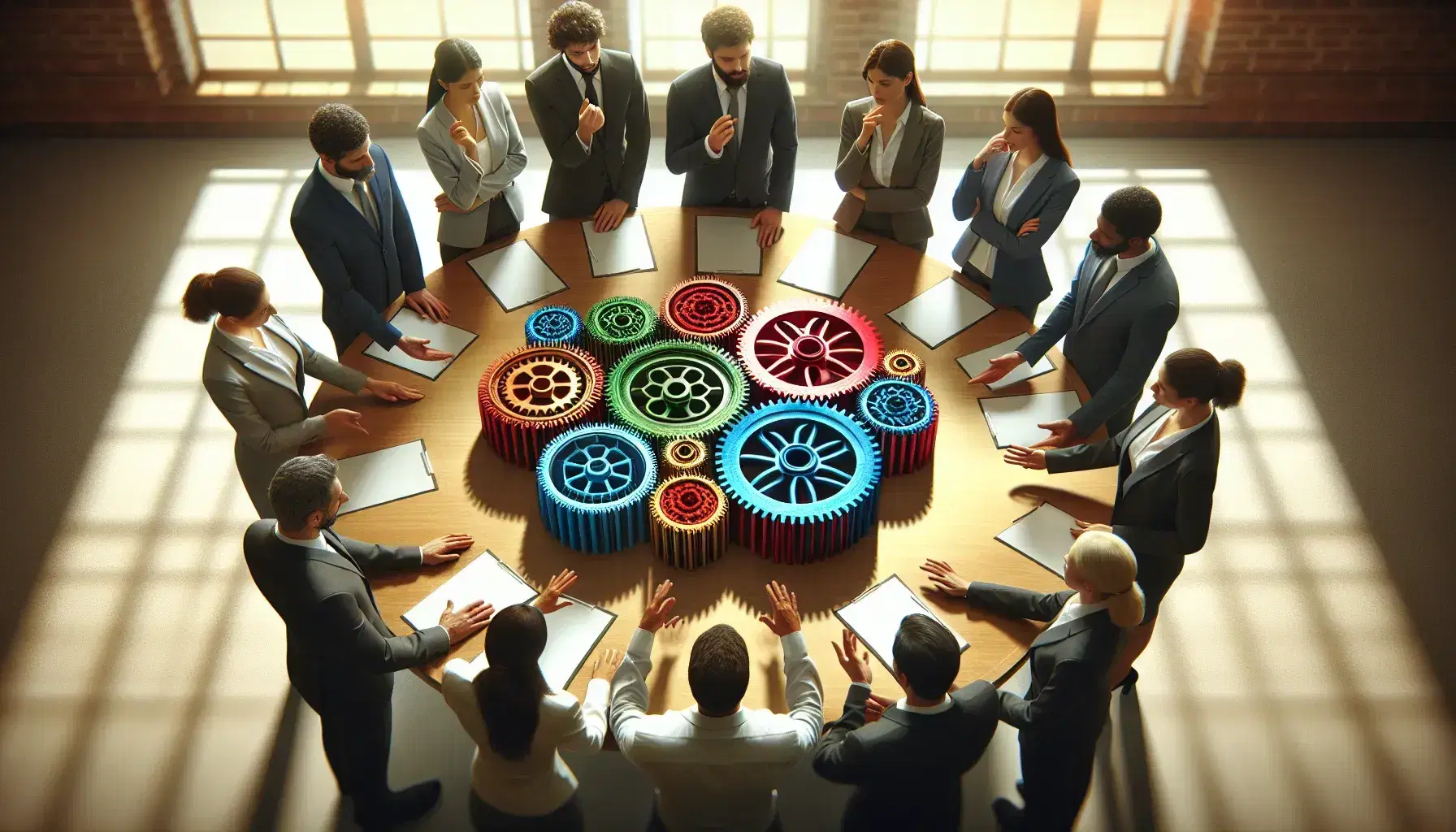 Grupo de profesionales diversos analizando modelo de engranajes interconectados en una reunión de trabajo, reflejando colaboración y estrategia en un ambiente iluminado.