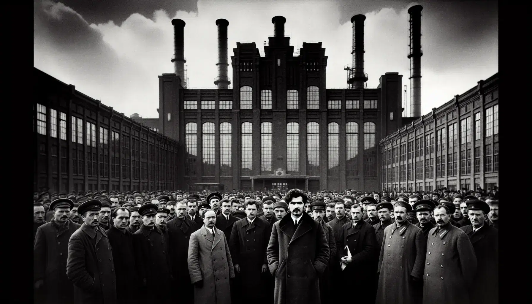 Uomo autorevole con cappotto e baffi spessi discute con operai davanti a fabbrica industriale sovietica con ciminiere.