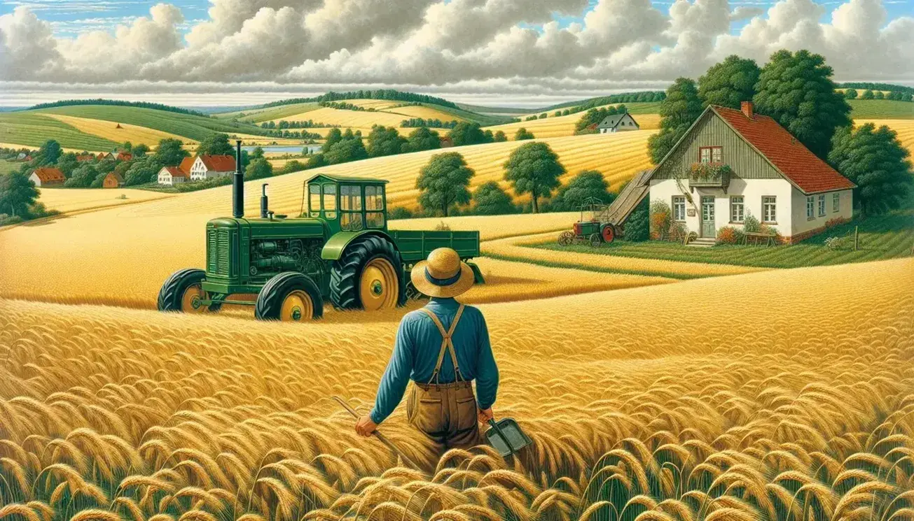 Paesaggio rurale tedesco con campo di grano dorato, colline verdi, fattoria e agricoltore vicino a trattore sotto cielo azzurro.