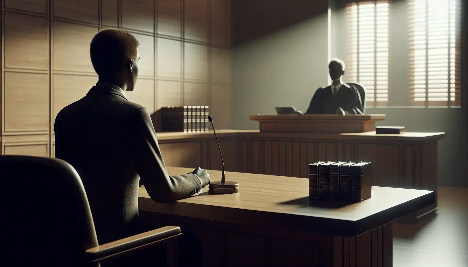 Witness in dark suit sitting at the witness stand in the courtroom, with microphone in front and attentive lawyer in the background, soft lighting and neutral furnishings.