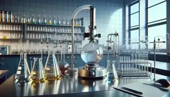 Laboratorio chimico moderno con becher di vetro, provette, bruciatore Bunsen, microscopio ottico e appunti su banco in acciaio.