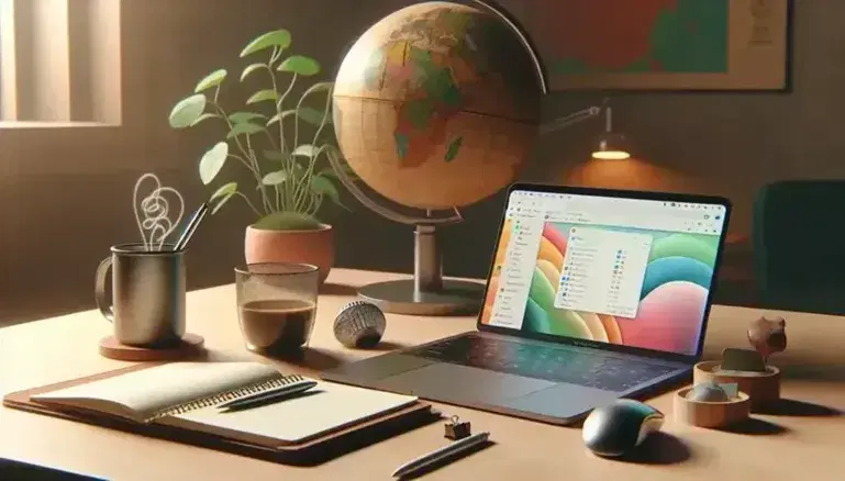Scrivania in legno chiaro con laptop aperto, tazza di caffè fumante, mouse wireless, quaderno con penna e globo terrestre sullo sfondo.
