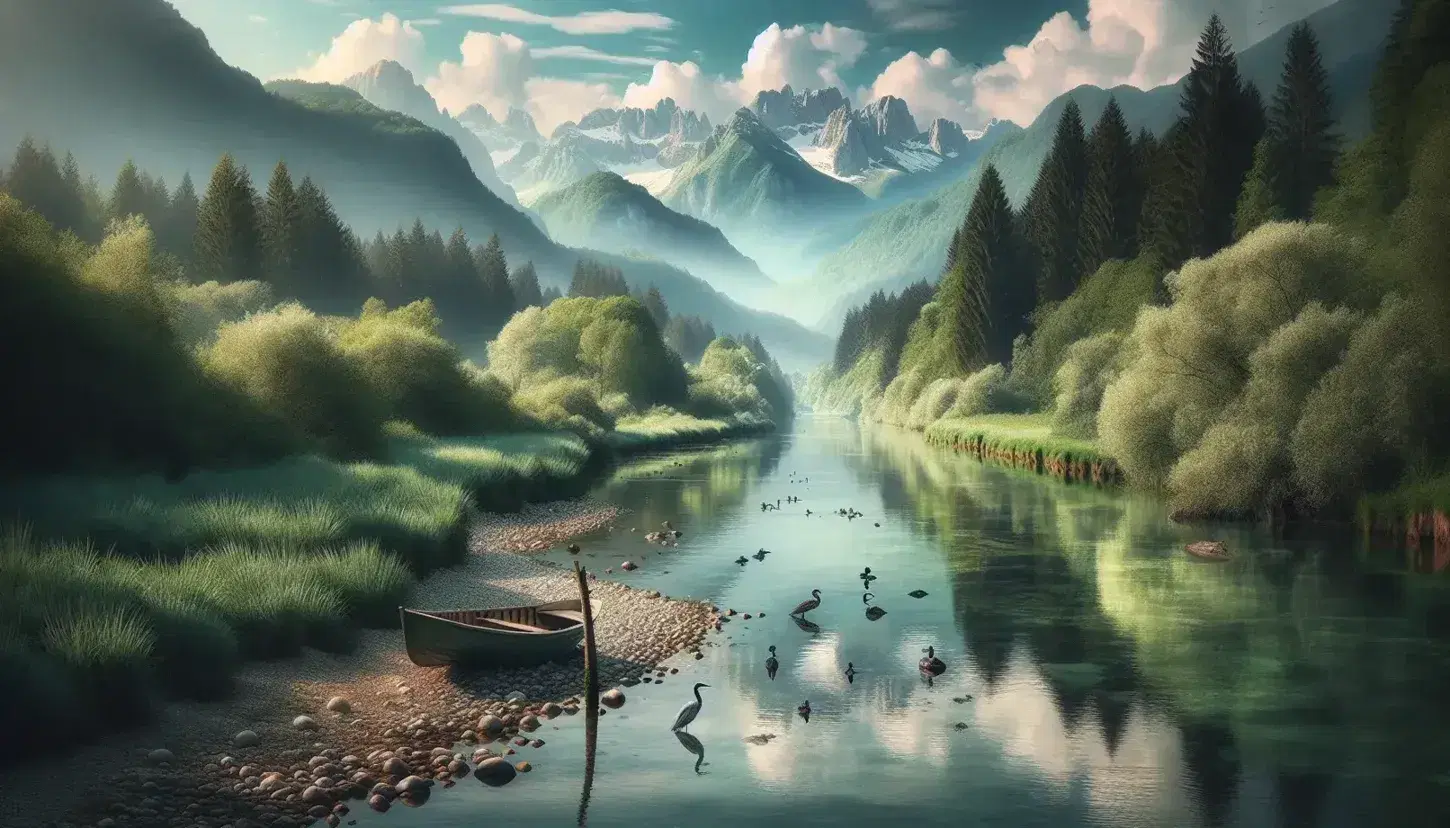 Fiume italiano serpeggiante tra vegetazione rigogliosa con montagne alpine innevate all'orizzonte e barca legata sulla riva.