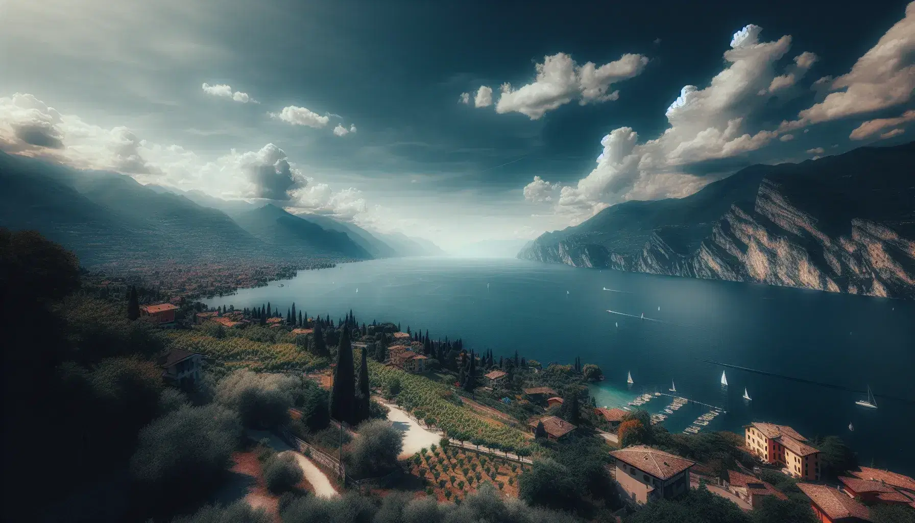 Vista panoramica del Lago di Garda con montagne verdi, cielo azzurro, barche a vela e sentiero lungolago senza persone.