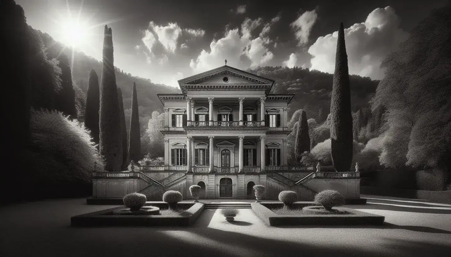 Villa La Capponcina in stile neoclassico su collina, facciata simmetrica con balcone, giardino curato e cielo sereno.