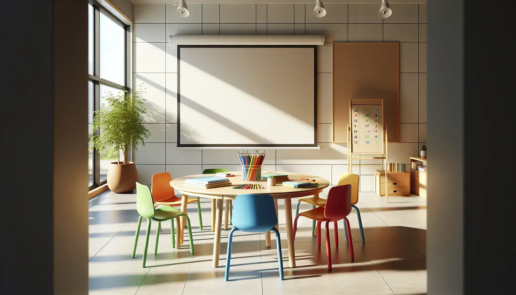 Aula luminosa con mesa redonda de madera y sillas plásticas de colores, papeles, lápices de colores y regla sobre la mesa, pizarra blanca y planta verde al fondo.