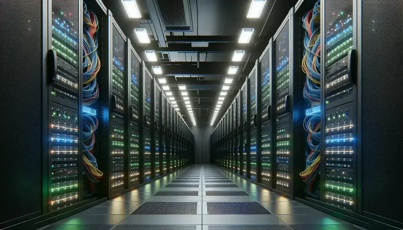 Centro de datos con filas de servidores negros iluminados por luces fluorescentes, cables de colores organizados y suelo gris antideslizante.