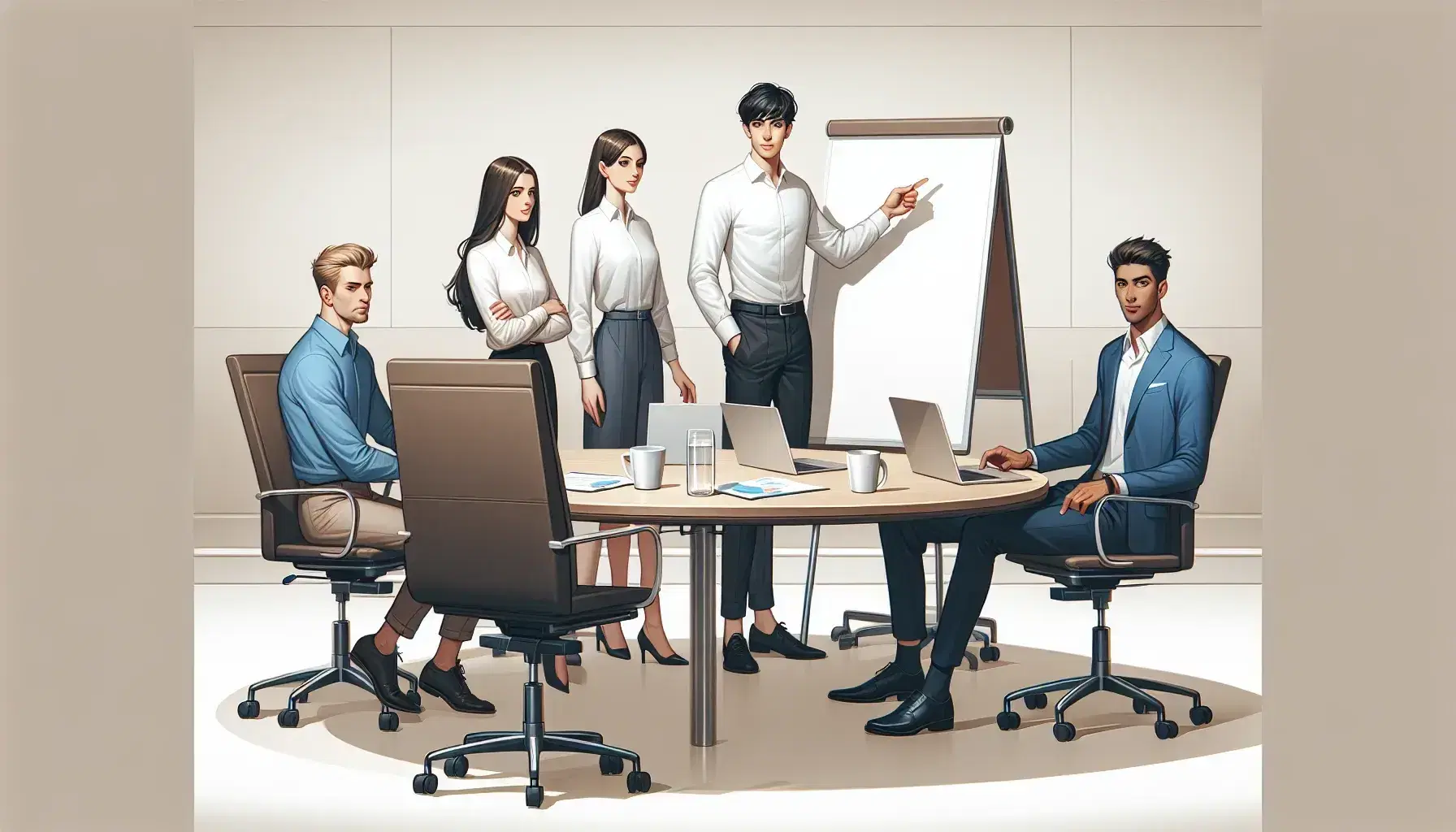 Hombre hispano liderando reunión de equipo diverso en oficina, señalando pizarra blanca, con colegas atentos alrededor de mesa con portátil y café.