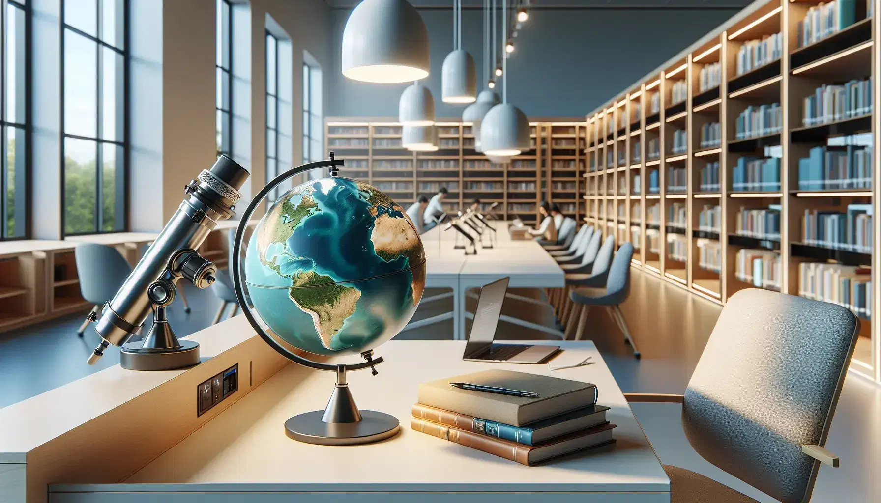 Biblioteca moderna y luminosa con estanterías de madera y libros variados, mesa de estudio con globo terráqueo y telescopio apuntando a una ventana, estudiantes leyendo y usando portátiles.