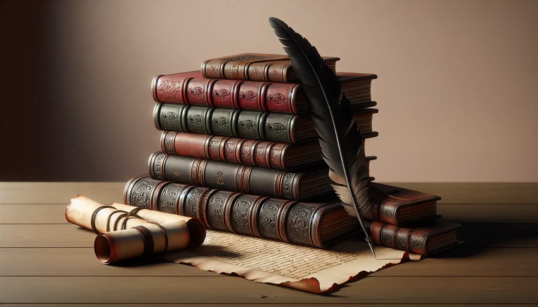 Pila de libros antiguos con tapas de cuero sobre mesa de madera, acompañados de una pluma de ave negra y un pergamino antiguo parcialmente desenrollado.