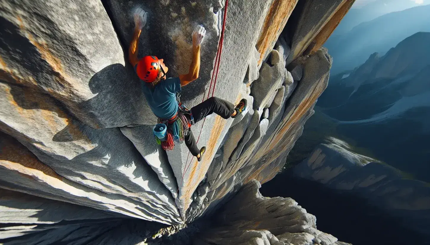 Rock climber in red helmet and blue shirt ascends a steep cliff with green moss, secured by a rope, under a clear blue sky.