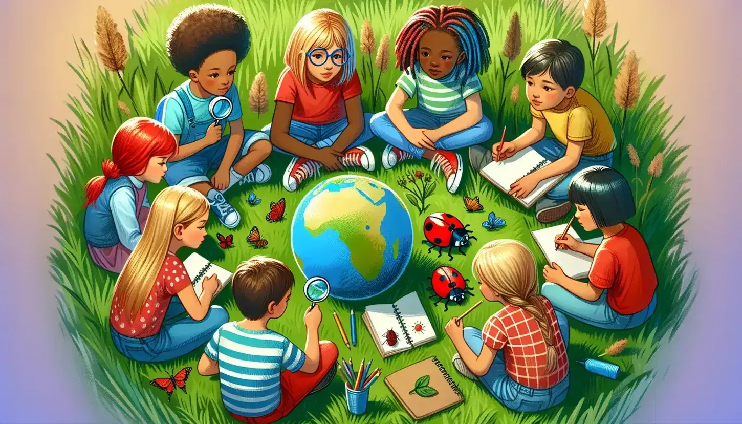 Children of different ages sitting in a circle on a lawn with a globe in the center, exploring nature with a lens, plant and drawings.