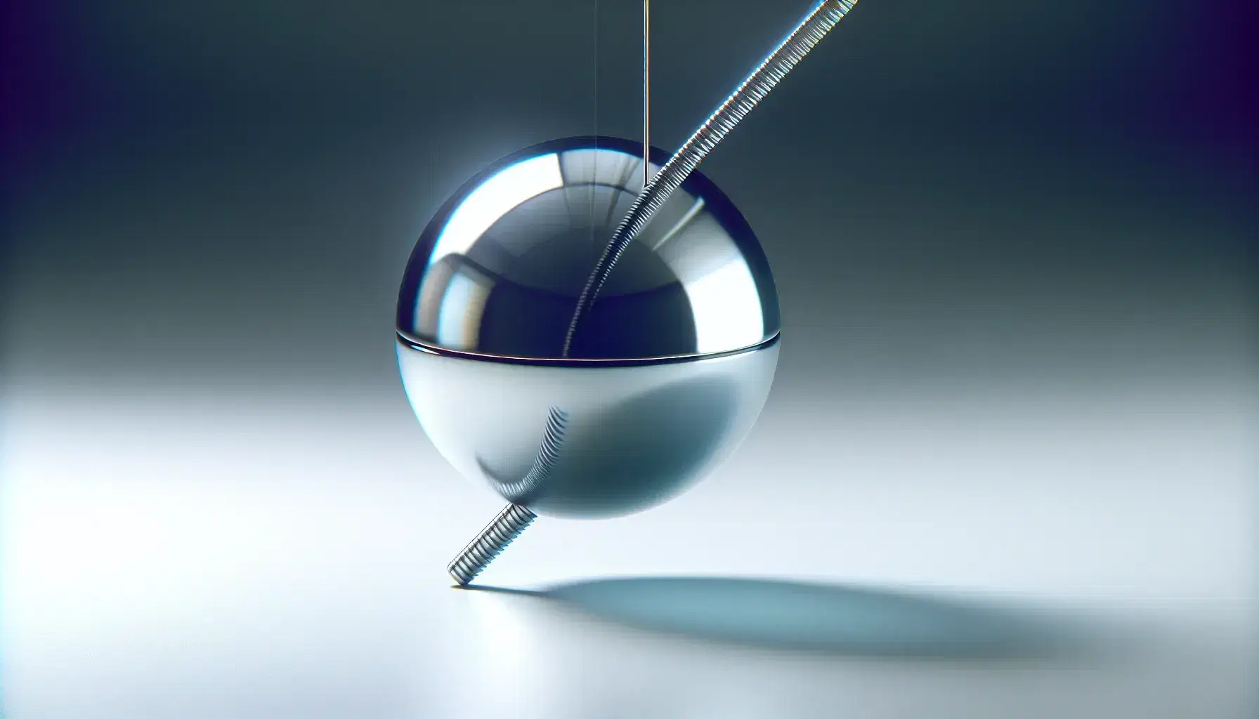 Close-up view of a metallic pendulum in motion with a shiny spherical bob and thin rod against a blurred white to gray gradient background.