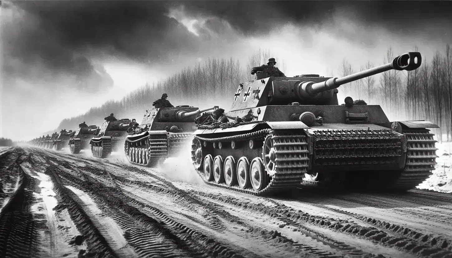 Carro armato Panzer tedesco in avanzata su strada polverosa con cielo nuvoloso in scena storica in bianco e nero.