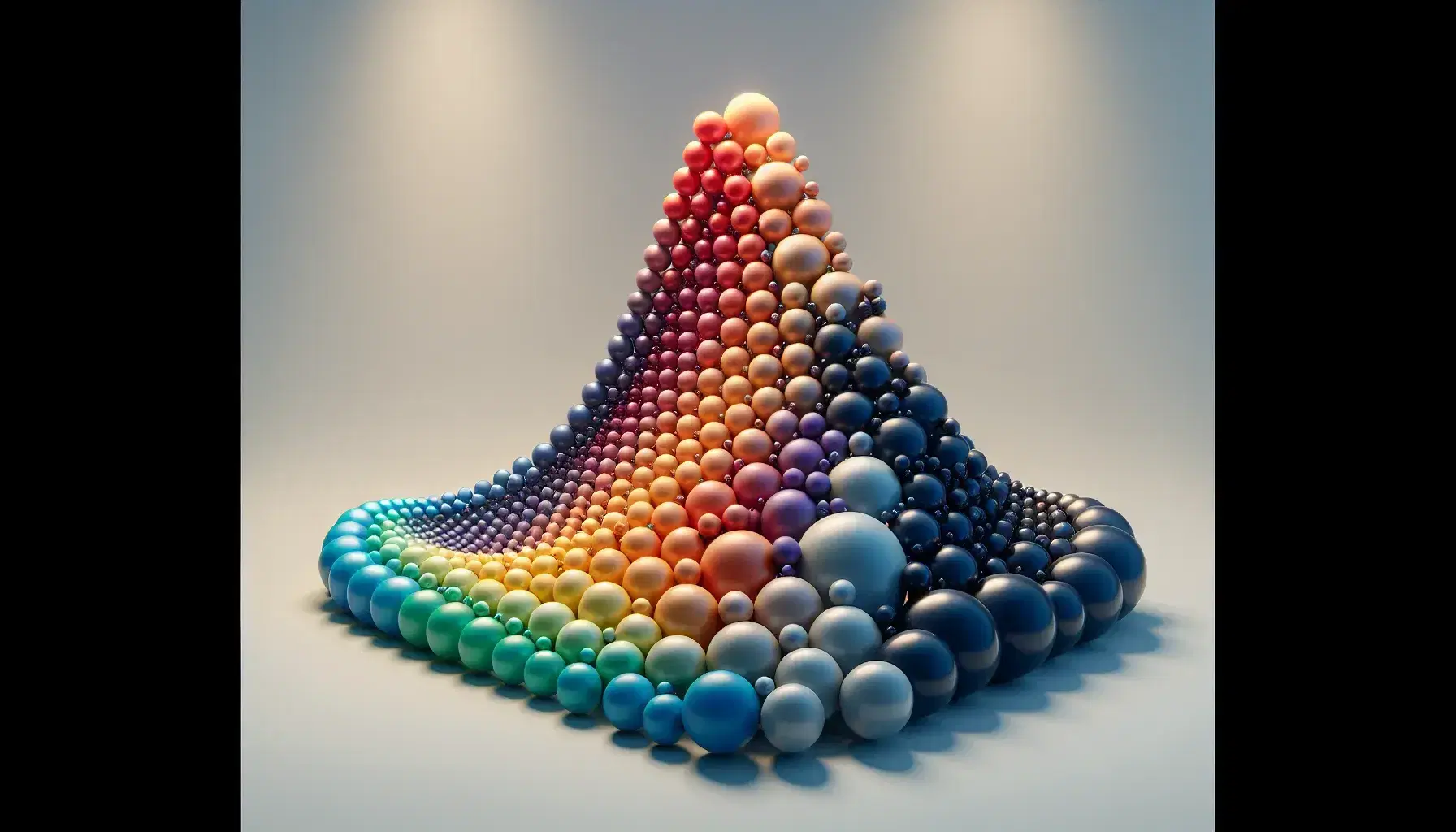 Sfere colorate in gradazione dal rosso al blu disposte a formare una curva tridimensionale che simula un grafico di funzione matematica.