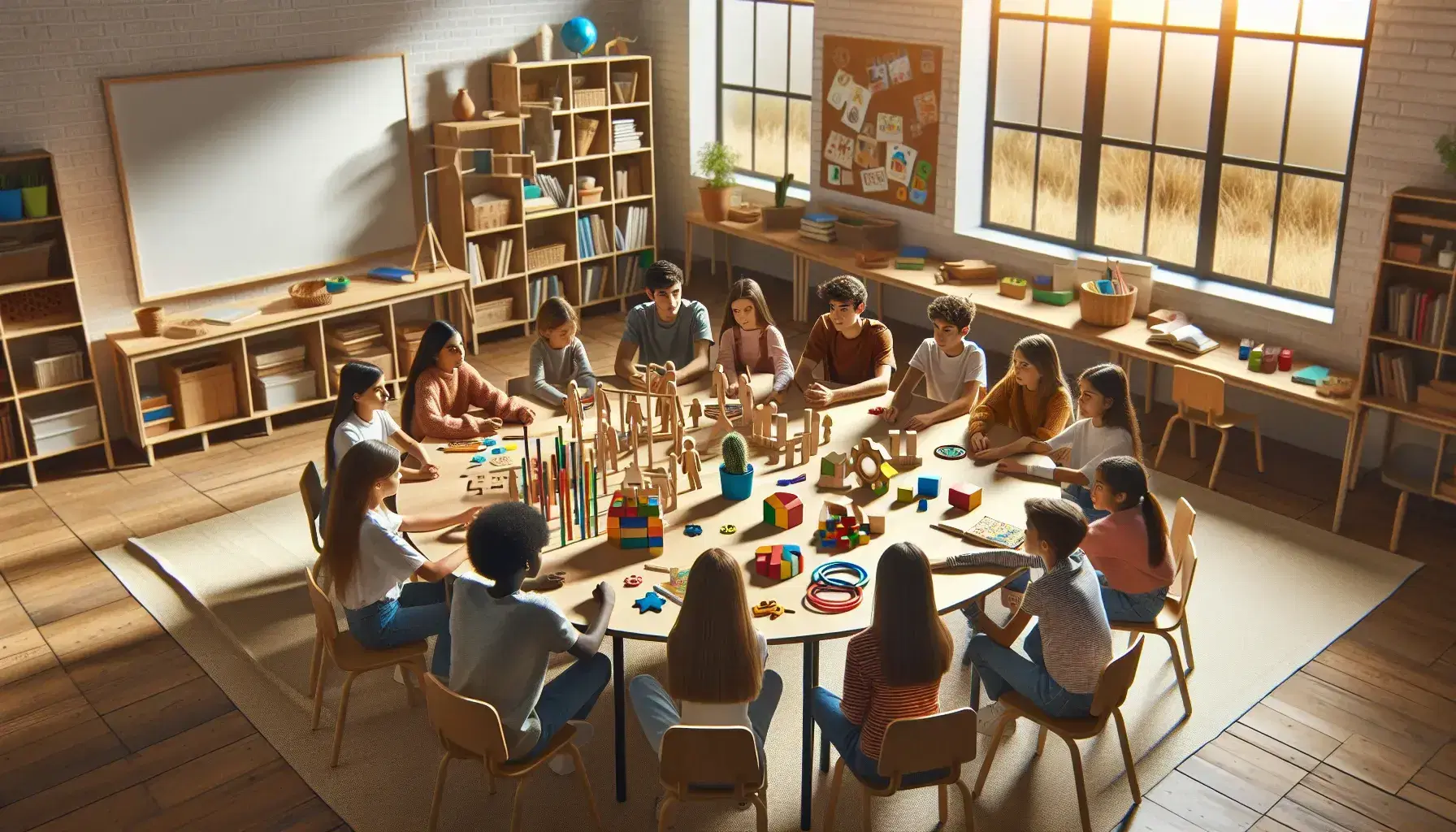 Grupo diverso de estudiantes colaborando en actividades educativas con bloques y formas geométricas en un aula iluminada.
