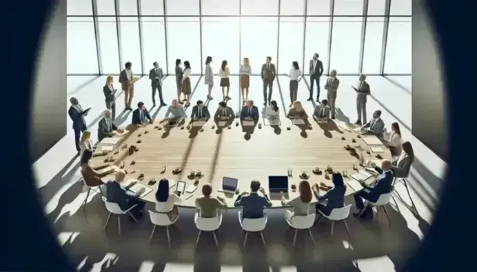 Grupo diverso de profesionales en reunión de trabajo colaborativo alrededor de una mesa ovalada con laptops, tabletas y notas en una sala iluminada.