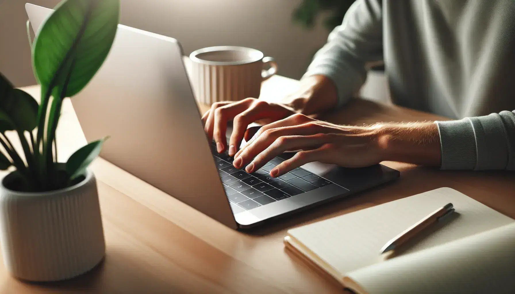 Hands resting on keyboard of modern laptop with silver finish, light wooden desk with green plant and white cup blurred in background.